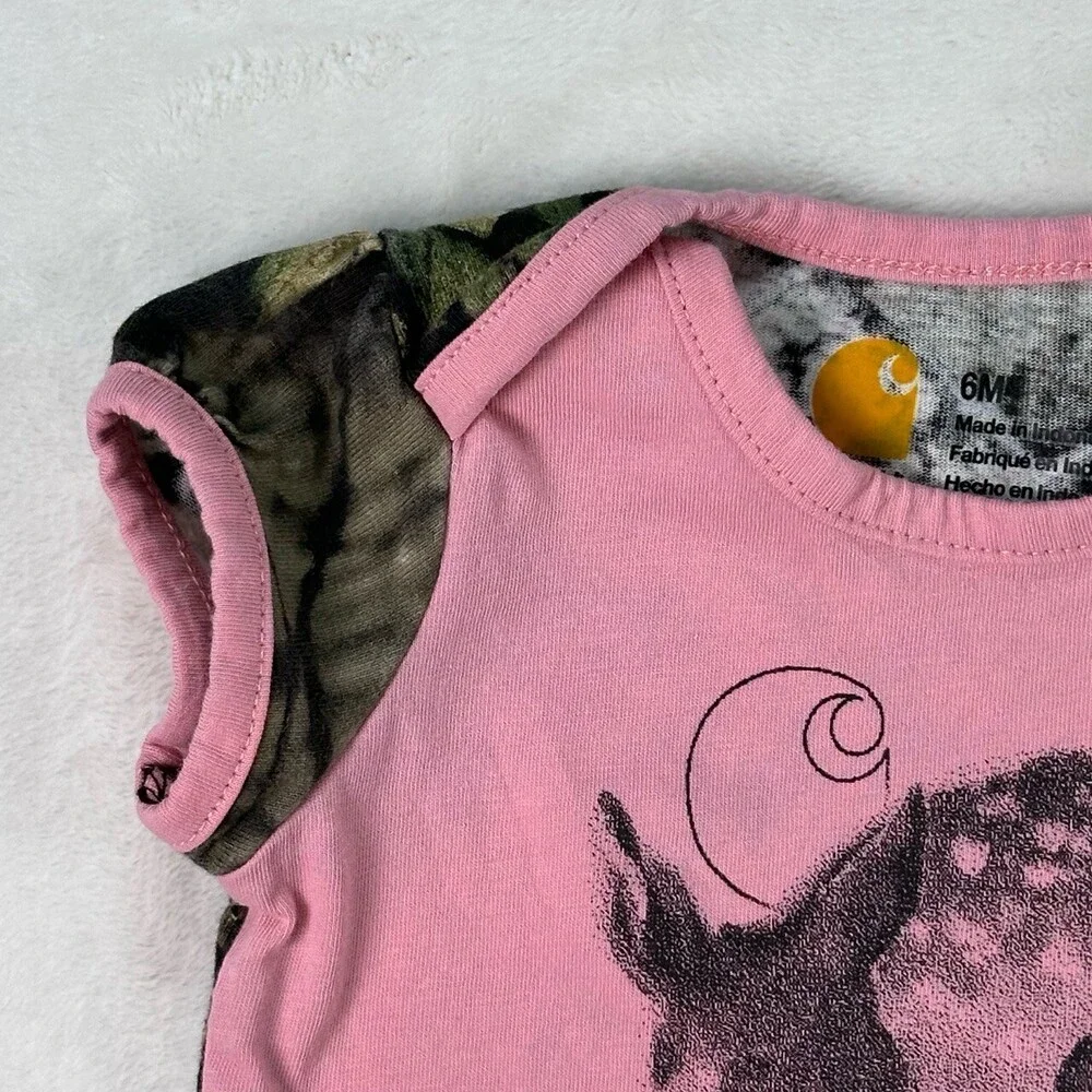 CARHARTT Pink Mossy Oak Hunting Deer Graphic Camo Sleeve Infant Girl Bodysuit 6M - Picture 4 of 13